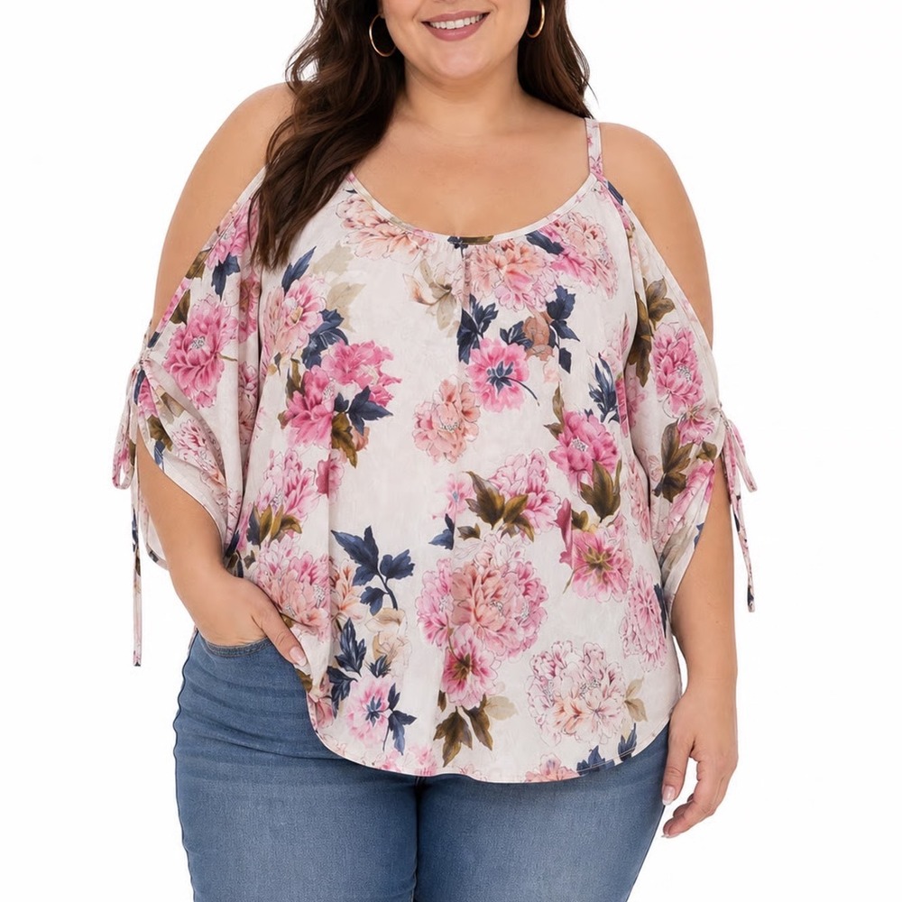 Torrid Floral Cold Shoulder Blouse Pink Cream V-Neck Plus Size 3 3X Chiffon Top